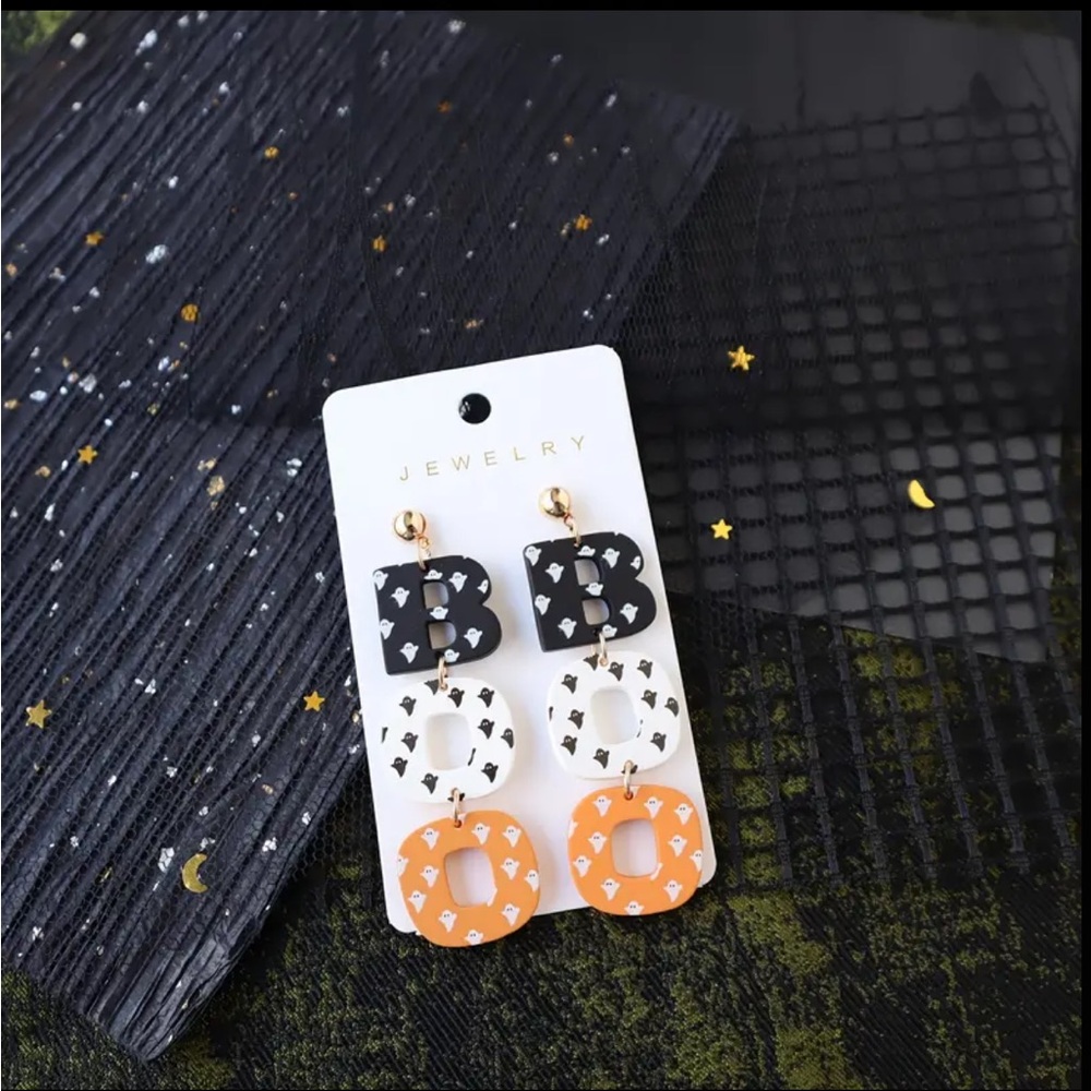 Halloween Acrylic Drop Earrings Cute Ghost Print BOO Dangle NWT